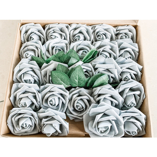 Large View 25pk - Silver Glitter Foam Roses - 7.6cm on stem/pick