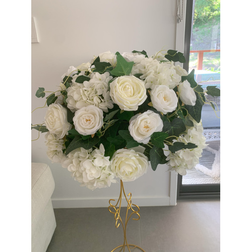 Large View 60cm Floral Rose/Hydrangea/Ivy Flower Ball Arrangement - White/Cream