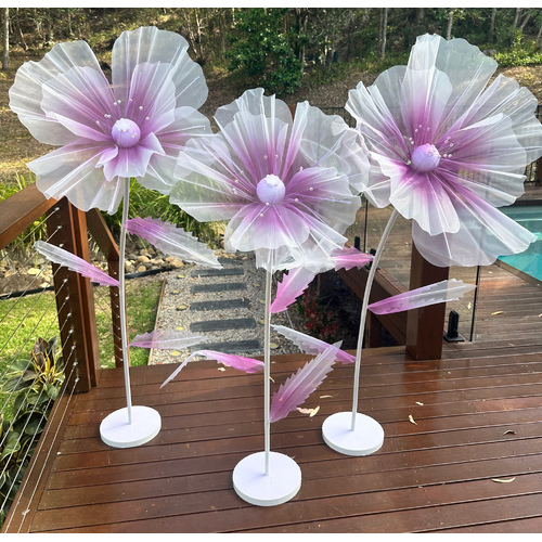 Large View Set of 3 Violet Giant Organza Flower Stands - 1.7m, 1.4m, 1.2m
