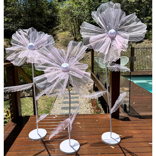 Large View Set of 3 Pink Giant Organza Flower Stands - 1.7m, 1.4m, 1.2m