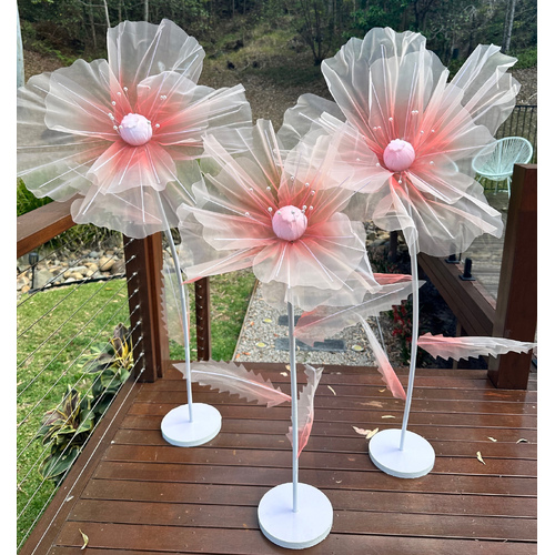 Large View Set of 3 Peach Giant Organza Flower Stands - 1.7m, 1.4m, 1.2m