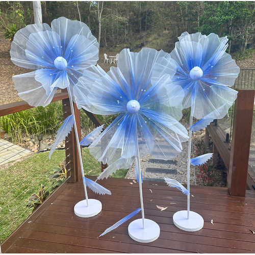 Large View Set of 3 Blue Giant Organza Flower Stands - 1.7m, 1.4m, 1.2m