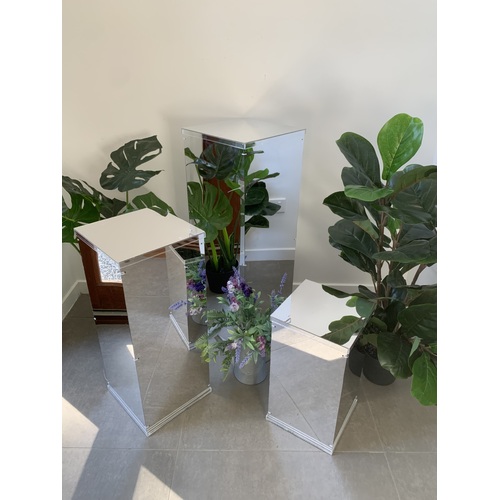 Large View FACTORY SECONDS Set of 3 - Silver Mirrored Acrylic Pedestal Risers/Flower Stands