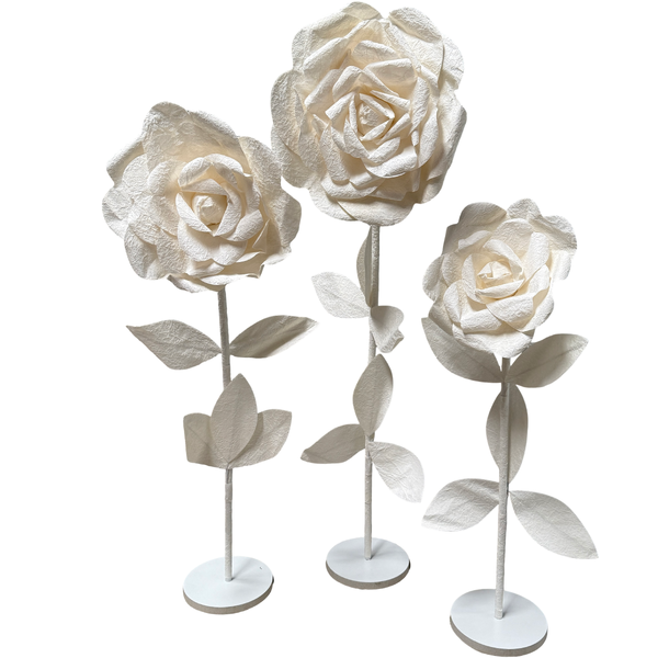 Large View Set of 3 White/Cream Giant Roses on Stands