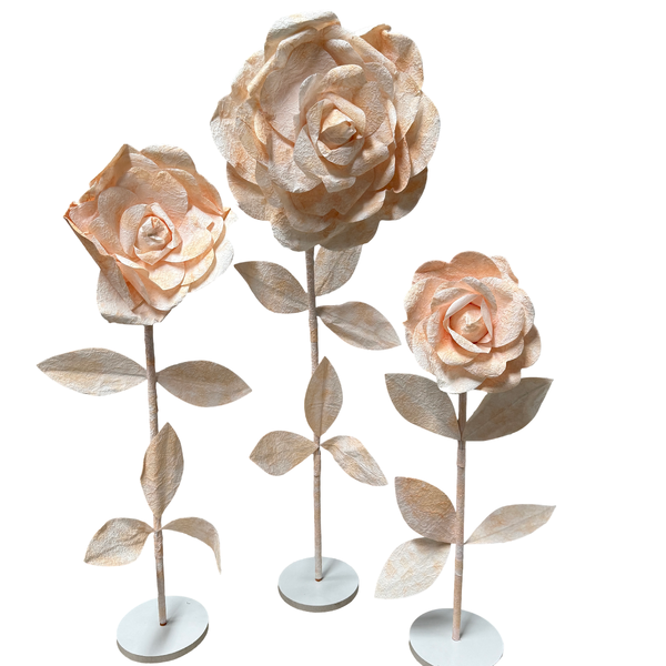 Large View Set of 3 Cream/Peach Giant Roses on Stands