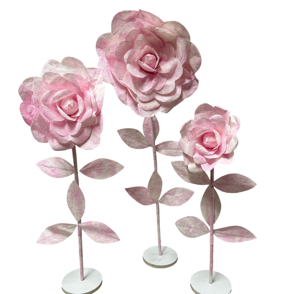 Large View Set of 3 Pink/White Giant Roses on Stands