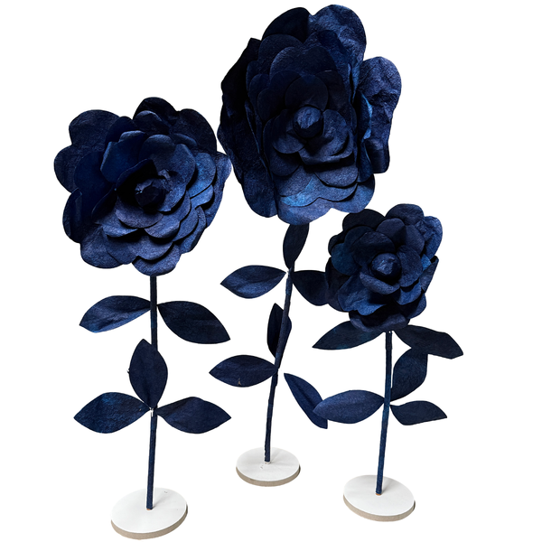 Large View Set of 3 Dark Blue Giant Roses on Stands