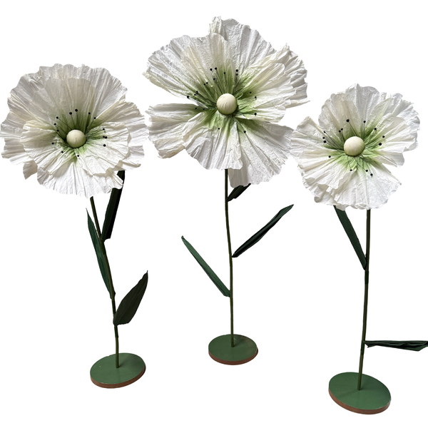 Large View Set of 3 White Giant Poppies on Stands