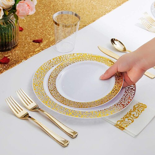 Large View 25 Person 150pc Plastic Dinner Set - White/Gold