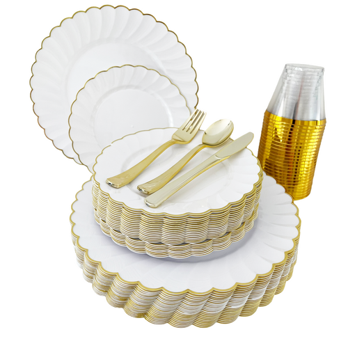 Large View 25 Person 150pc Plastic Dinner Plate Set - White/Gold Scalloped
