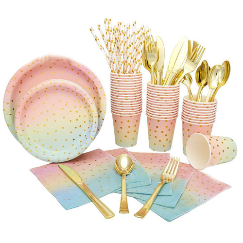 Large View 24 Person 192pc Blue/Pink Gold Dot - Paper Party Plate Set