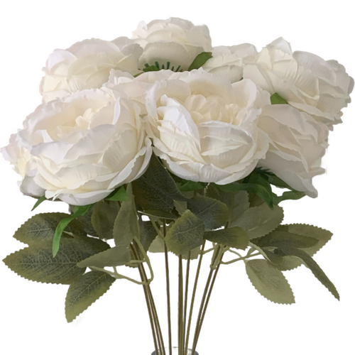 Large View 50cm - Deluxe 10 Head French Rose Bud Bush - White/Cream (Peony)