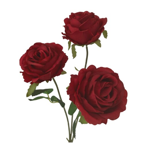 Large View 65cm - 3 Head Rose Flower Stem - Burgundy