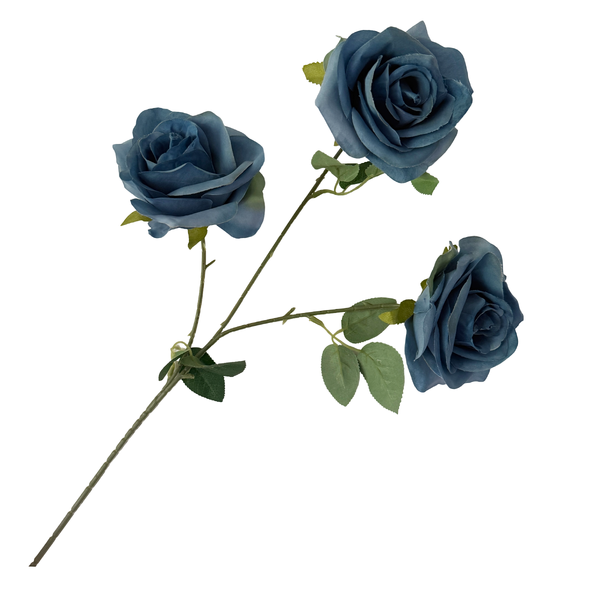 Large View 65cm - 3 Head Open Rose Flower Stem - Dusty Royal Blue