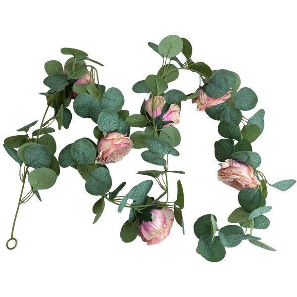 Large View 1.6m Pink Tone Deluxe Rose & Silver Dollar Eucalyptus Garland