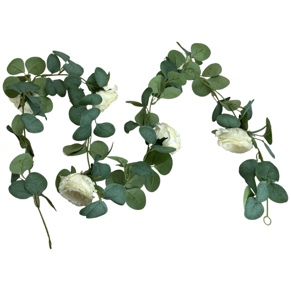 Large View 1.6m White Deluxe Rose & Silver Dollar Eucalyptus Garland