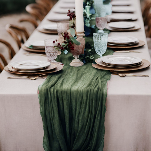 Large View Extra Long 4m Dusty Green Cheesecloth Table Runner 90x400cm