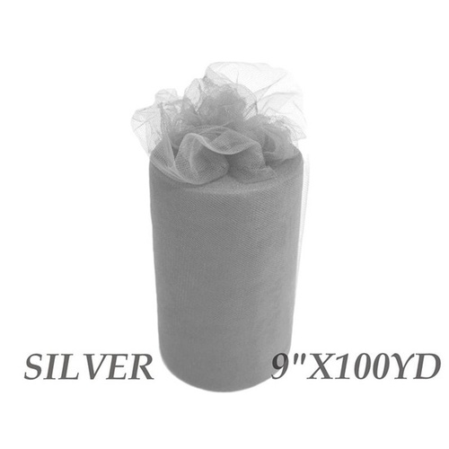 Large View 9inch x 100yd Tulle Roll - Silver