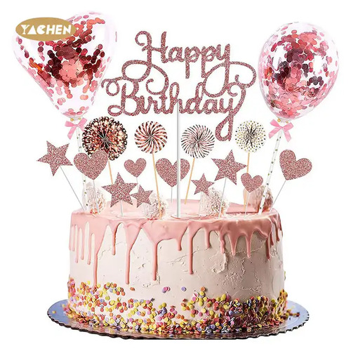 Large View Happy Birthday Cake Topper Set  - Rose Gold