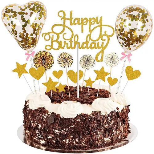 Large View Happy Birthday Cake Topper Set  - Gold