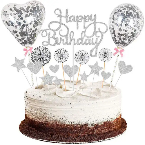 Large View Happy Birthday Cake Topper Set  - Silver
