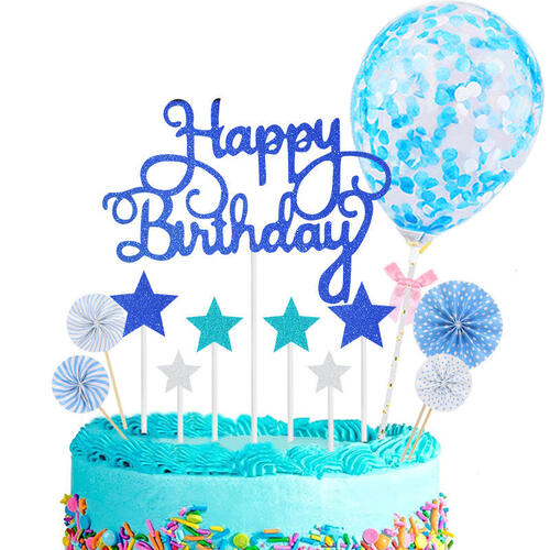Large View Happy Birthday Cake Topper Set  - Blue
