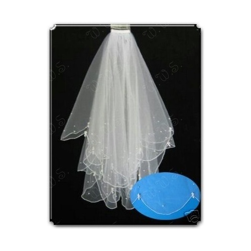 Large View 60cm Ivory Pearl Cluster 2 Tier Veil 
