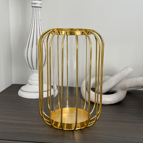 Large View 21cm Gold Geometric Candle Holder with Cylinder Vase/Windlight