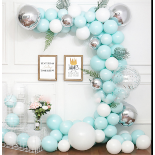 Large View Blue/Silver/White with Fern Leaves 115pcs Balloon Garland Decorating Kit