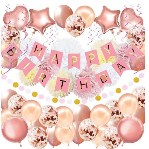 Large View Happy Birthday Party Balloon Pack - Rose Gold/Champagne/Pink