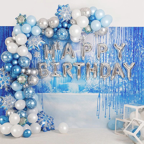 Large View White Blue Snowflake Themed Balloon Garland Decorating Kit )(Frozen Theme)