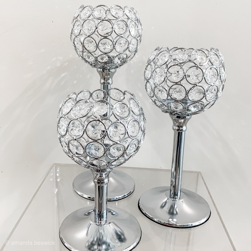 Large View Silver Crystal Ball 3 Piece Candelabra Set
