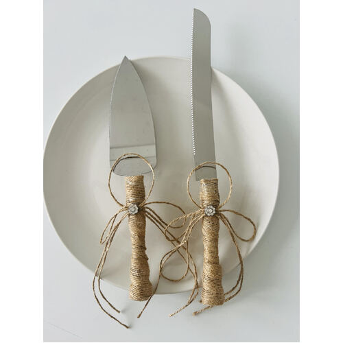 Large View Burlap Cake Knife and Server Set - Style 2