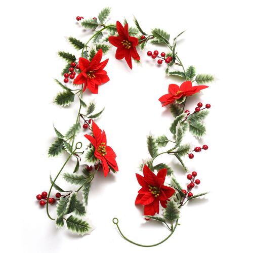 Large View 1.8m - Holly, Berry and  Poinsettia Christmas Garland